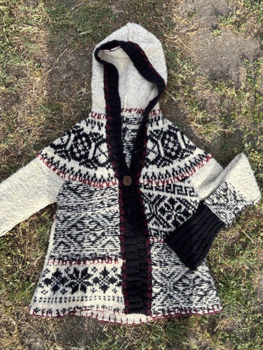 Free People Snow Angel Cardigan Hoodie Snowflake Aztec Knit Cream Black Red